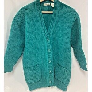 Ann Taylor 100% Wool Green Heavy Knit Pockets Button Up Cardigan Women's S VTG